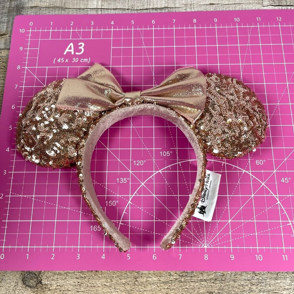 Rose Gold Walt Disney Parks Minnie Mickey Mouse Ears Headband Bow Pink Sequins - Picture 10 of 12